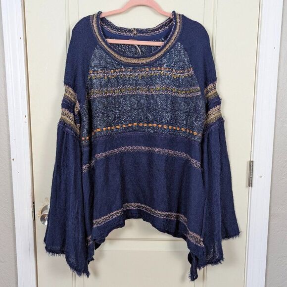Free People | Navy Bell Sleeve Mixed Knit Sweater Size Medium - Picture 2 of 13